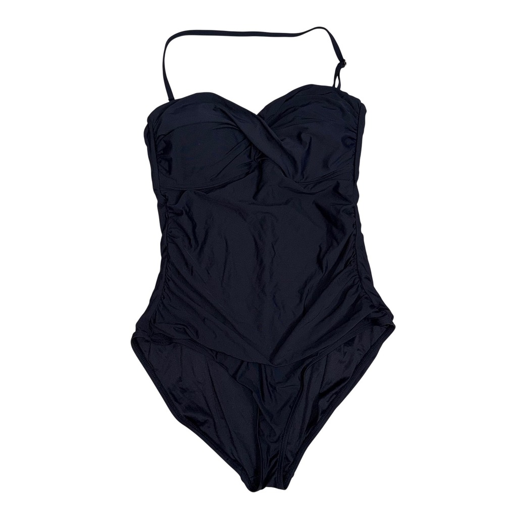 Anne Cole Black Ruched One Piece Swimsuit Sweetheart Twist Front Halter Size XL